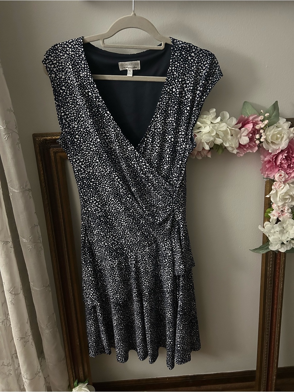 Signature by Robbie Bee Blue & White Dotted Wrap Dress